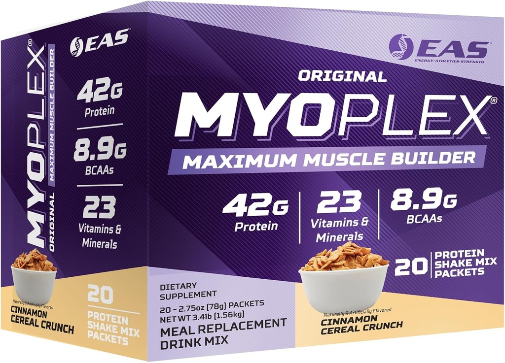 EAS Experimental and Applied Sciences Original Myoplex Maximum Muscle Builder, Meal Erstatning Protein Drink Mix 124; Quality Protein Blend Dex124; 42g Protein Dex124; 20 Individuel pakke (kanel Crunch)