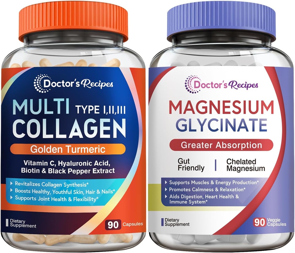 Lægens opskrifter Multi Collagen Complex & Magnesium Glycinate Bundle, hele kroppen Foryngelse, Relax & Relief, Collagen Kapsler 90 ct & Magnesium Kapsler 90 ct