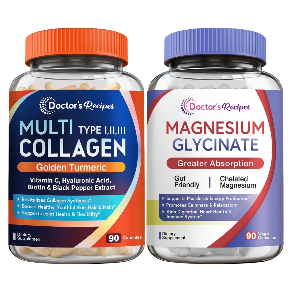 Lægens opskrifter Multi Collagen Complex & Magnesium Glycinate Bundle, hele kroppen Foryngelse, Relax & Relief, Collagen Kapsler 90 ct & Magnesium Kapsler 90 ct