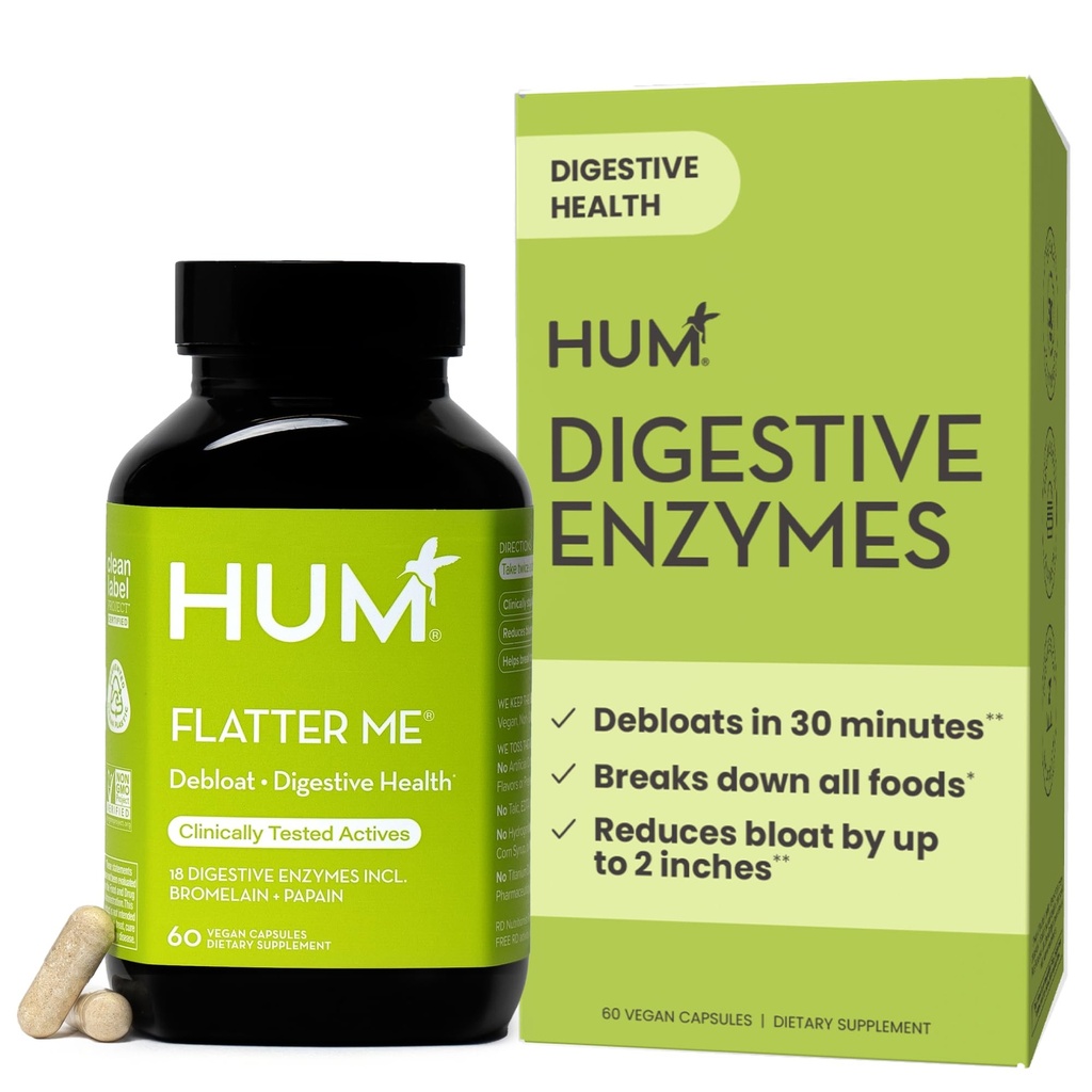 HUM Fatter mig fordøjelsesenzymer til kvinder og mænd, fordøjelsesmæssig sundhed Bloating supplement med ingefær & pebermynte Leaf, hurtig fungerende anti bloat piller Multi enzym til afbloating, Vegan, 60 kapsler