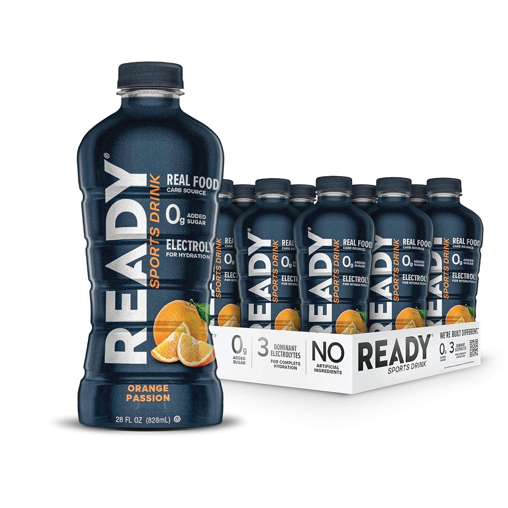 Ready ® Sports Drink - Elektrolyte Hydration med Super Fruit Carbs, B Vitaminer og uden tilsat sukker - Ren energi til atleter & Endurance - Glutenfri, Vegan, Kosher - Orange Passion (12-Pack)