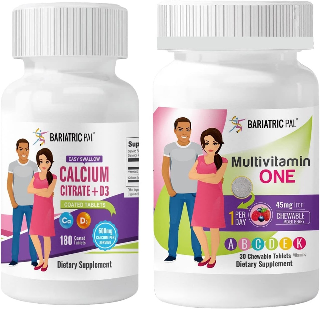 BariatricPal 30- Day Bariatric Vitamin Bundle Multivitamin One 1 per dag! Chewable with 45mg Iron - Mixed Berry and Easy Swallow Calcium Citrate (600mg) og D3 overtrukne tabletter
