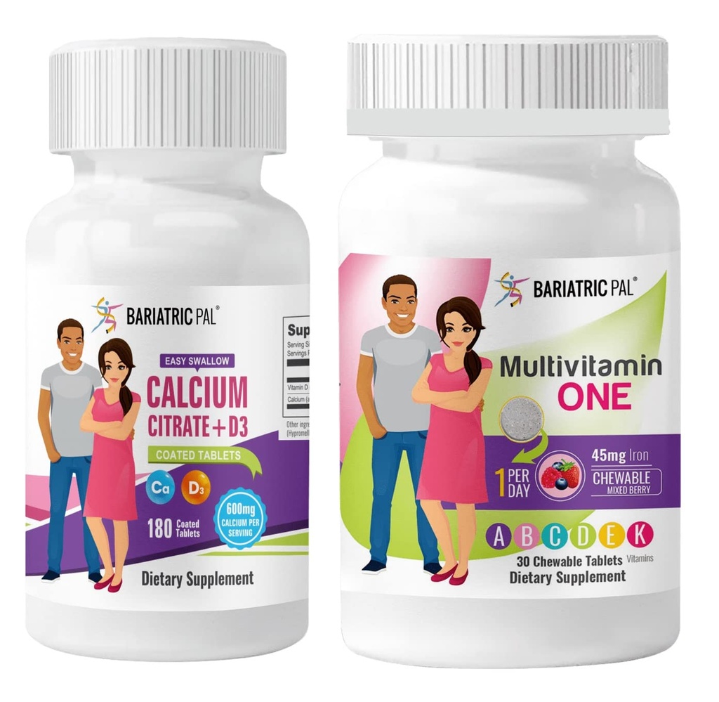 BariatricPal 30-Day Bariatric Vitamin Bundle Multivitamin ONE 1 per Day! Chewable with 45mg Iron - Mixed Berry and Easy Swallow Calcium Citrate (600mg) and D3 Coated Tablets