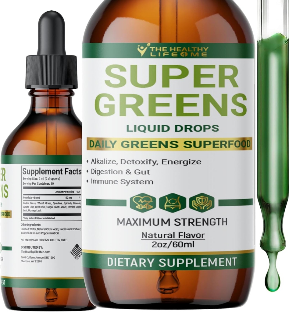 Flydende Super Greene Drops • 124; kraftfulde antioxidanter • 124; immunforsvar • 124; fordøjelsessygdomme • 124; pebermynte • Flavor • 124; af det sunde liv for mig • 124; 2oz - 30 Day Supply