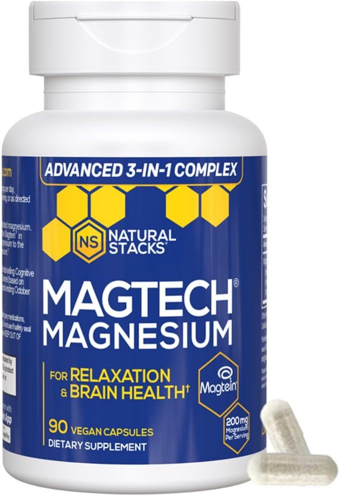 Magnesium Magtein L- Threonat, Glycinat & Taurat - 200mg chelateret Magnesiumkompleks - MagTech Magnesiumsupplement til afslapning og hjernesundhed - 90 kapsler