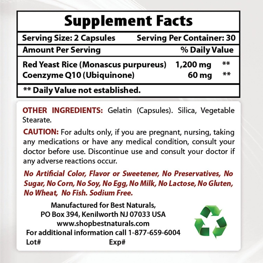 Bedste Naturals Red Yeast Rice med COQ10 & Niacin 500 mg