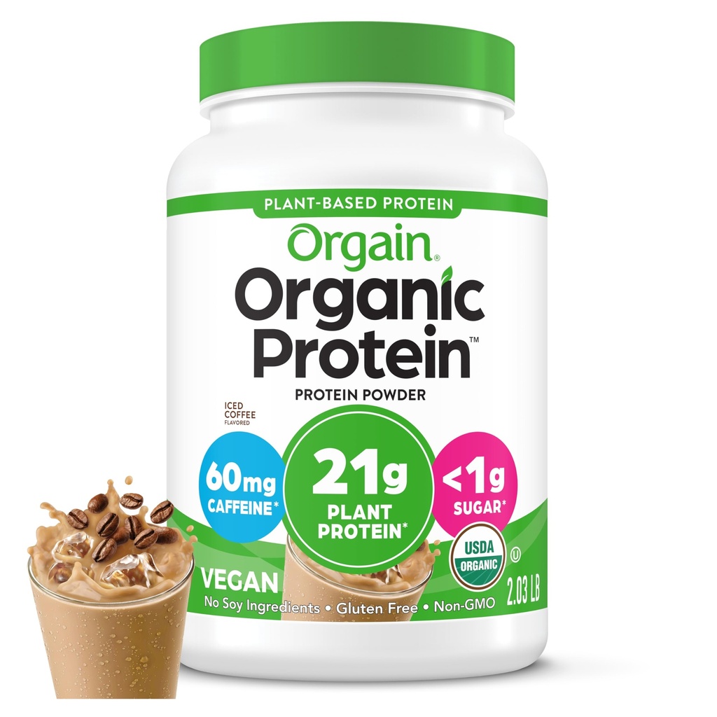 Orgain Organic Vegan Protein Powder, Iced Coffee - 21g Plant Protein, 60mg koffein, Low Net Carb, Ingen laktoseingredienser, Ingen tilsat sukker, Non- GMO, For Shakes & Smoothies, 2,03 lb