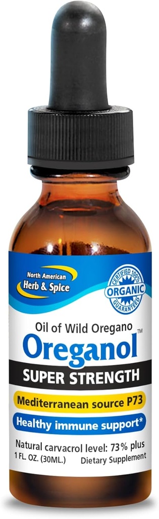 NORTH AMERICAN HERB & SPICE Super Strength Oreganol - 1 fl. oz. - Ubehandlet, Wild, Organic Oregano Oil - Middelhavet Kilde P73 - Non- GMO - 432 Servere