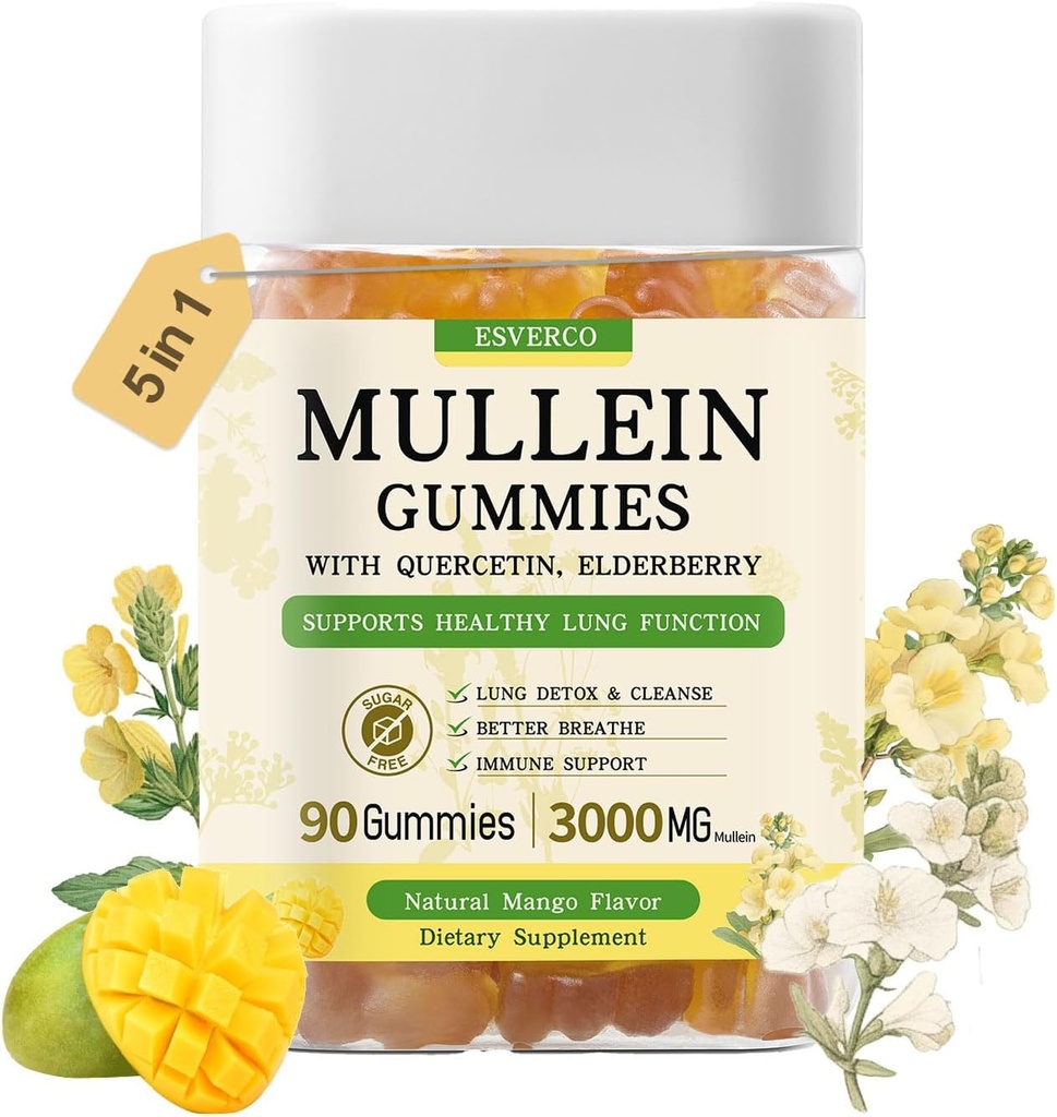 Mullein Gummies med 3600mg Mullein Leaf Extract, 7 i 1 for Lung Cleanse, Respiratory Lung Health, Immunbooster, Elderberry, Quercetin, Bromelain, C-vitamin & D3, Ingen sukker, for voksne, Vegan, 90 Greve