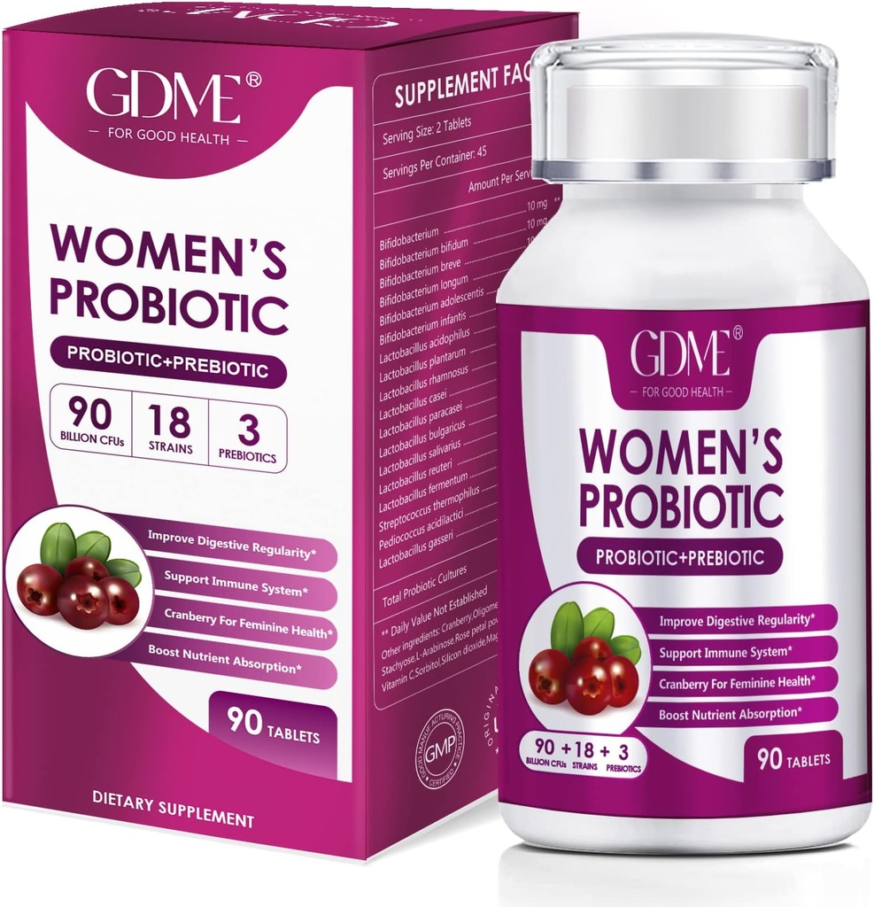 GDME Kvinder Probiotika, 90 tabletter 90 Millioner CFU 18 Strops, Indeholder Organic Prebiotic Cranberry, Probiotic Supplement for fordøjelse, Immunitet, Kvinder sundhed, Soy Gluten Dairy Free