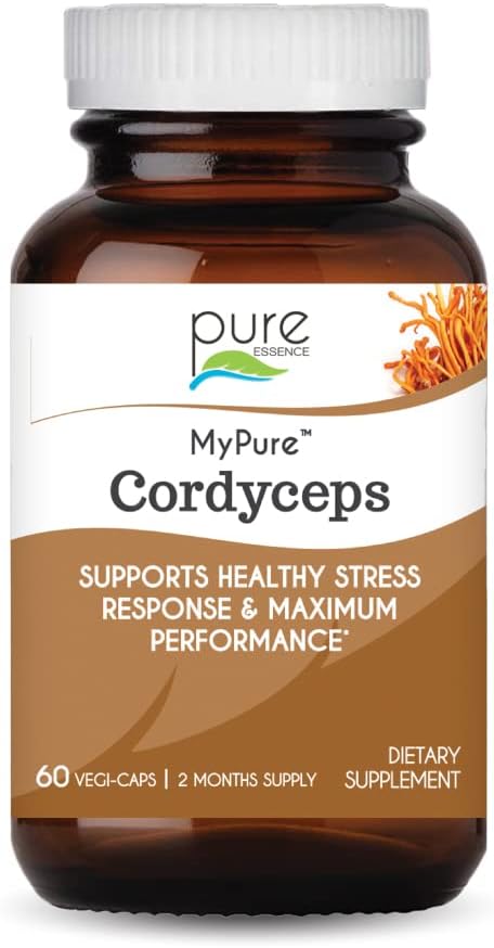 PURE ESSENCE LABS MyPure Cordyceps - Organic Mushroom Supplement - 100% Real Mushroom Extract - Bedste for immunforsvar, Stress Relief, Byg energi til voksne mænd og kvinder (60 kapsler)