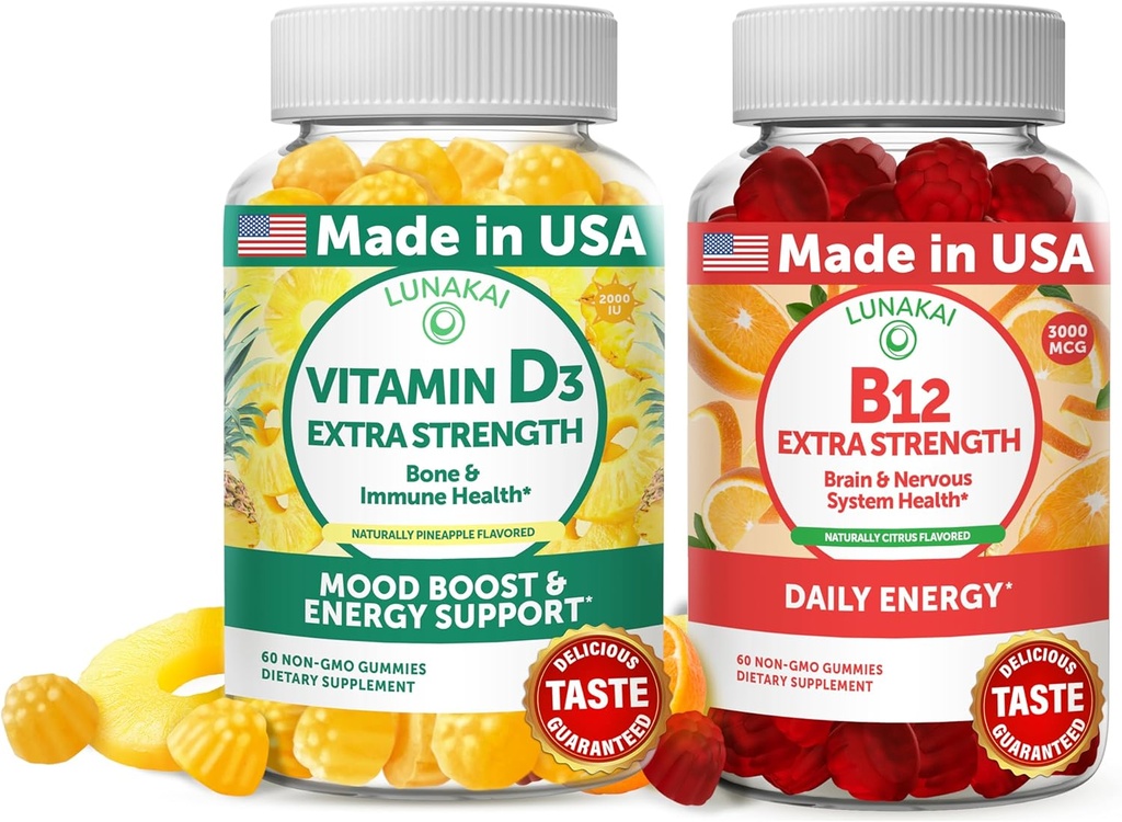 Lunakai vitamin D3 og vitamin B12 Gummies Bundle - Immunitet, ben og mood support VIT D3 2000IE tillæg - 3000mcg Methylcobalamin High Absorption Energy Gummy - 30 dages forsyning