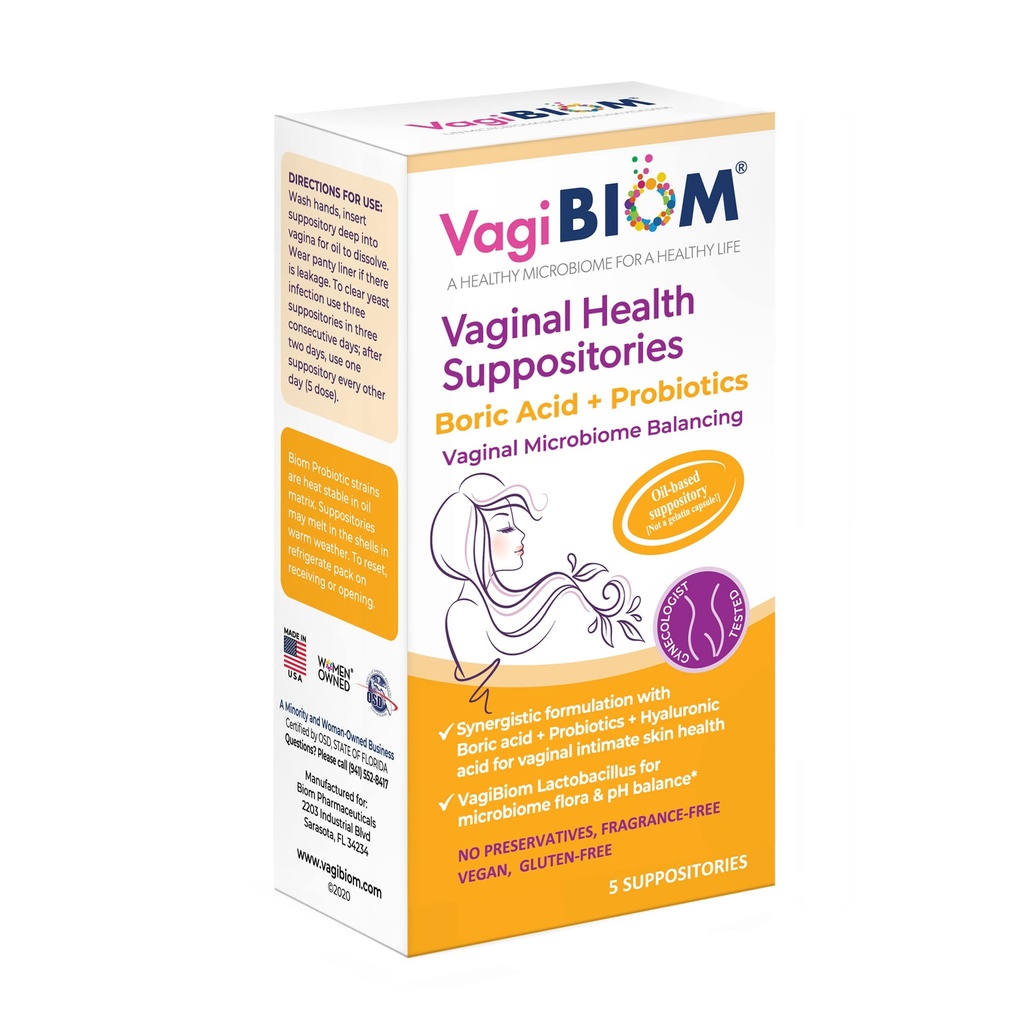 VagiBiom Boric Acid Suppposites with Lactobacillus: Microbiome Flora Balance; Balance og Nourises Sund Flora; Paraben- Free Preservative- Free (5count)