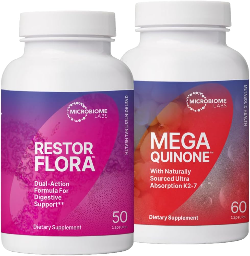 Mikrobiome Labs RestorFlora Spore & Gær Probiotika supplement (50 kapsler) + MegaQuinone K2- 7 Komplet vitamin K supplement Vitamin K1 & K2 MK- 7 K2 med Magnesium & Zink (60 kapsler) - 2 Produkter