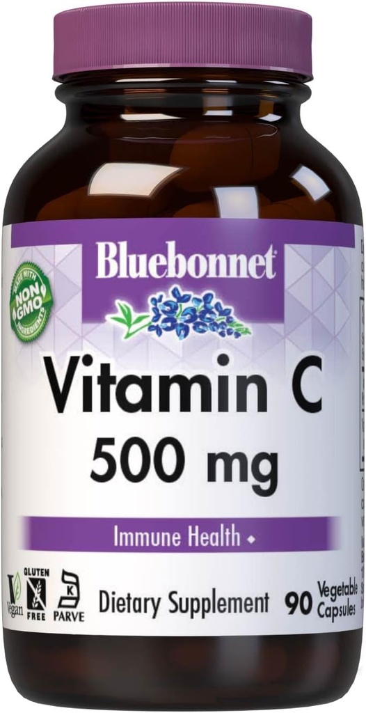 Bluebonnet Nutrition Vitamin C 500 mg Vegetabilske kapsler, Ascorbinsyre, for immunforsvar & hudsundhed, Vegan, Vegetar, Ikke GMO, Gluten fri, Soja fri, Mælk fri, Kosher, 90 Vegetabilske kapsler