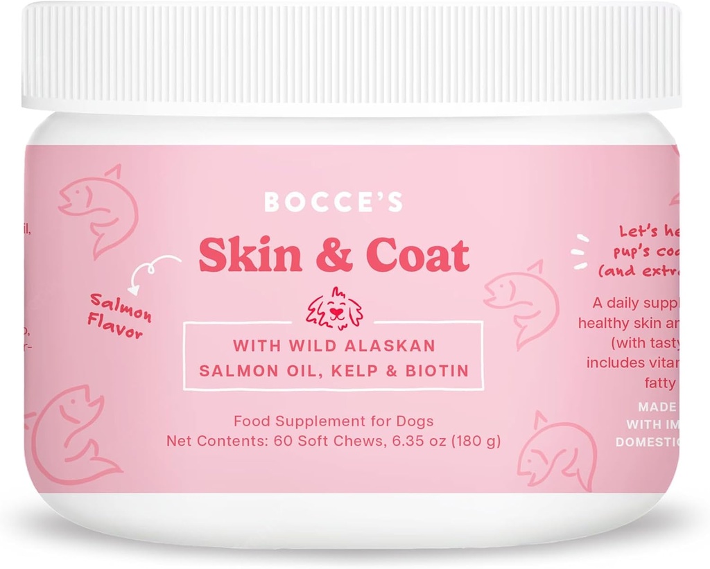 Bocce 's Bakery Skin & Coat Supplement for hunde, Daglig tygge Lavet i USA med E-vitamin & essentielle fedtsyrer, understøtter sund hud & Coat, Salmon, 60 ct, rød (DG- SP- SKIN60)