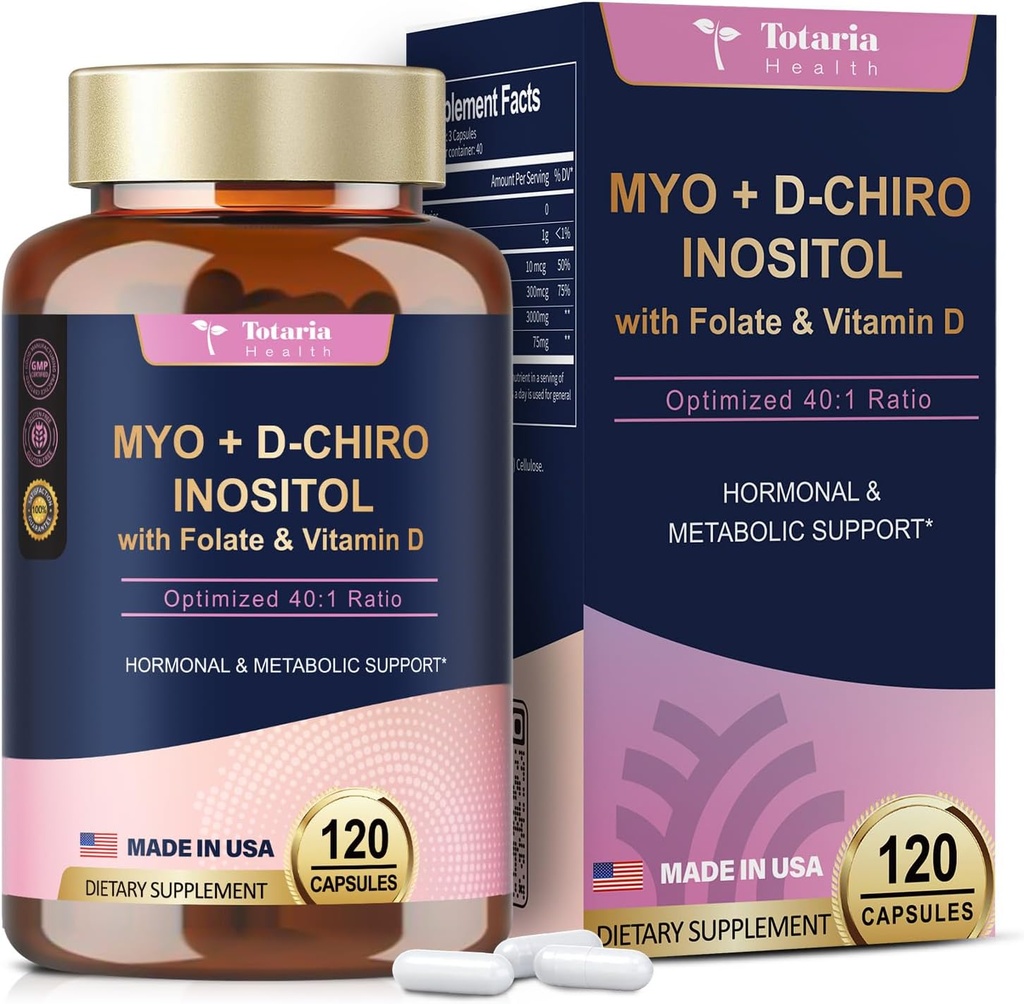 Totaria Inositol Supplement - 3075mg Myo- Inositol & D- Chiro Inositol Capules Plus D3-vitamin, Folate, Ideel 40: 1 Ratio - Hormonal balance for kvinder & æggestokke * Support Name 124; Vegan, Non GMO - 120 Caps