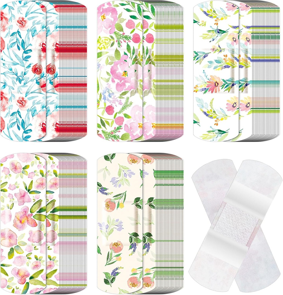 120 Pcs Stofklædning Fleksible Bandages Bulk Assorterede Shapes og Mønstre Lille Farverige Temmelig Fabric Bandages med Non Stick Pad 3 x 1 Tommer til Cuts Sår Scrapes Kvinder (Flower)
