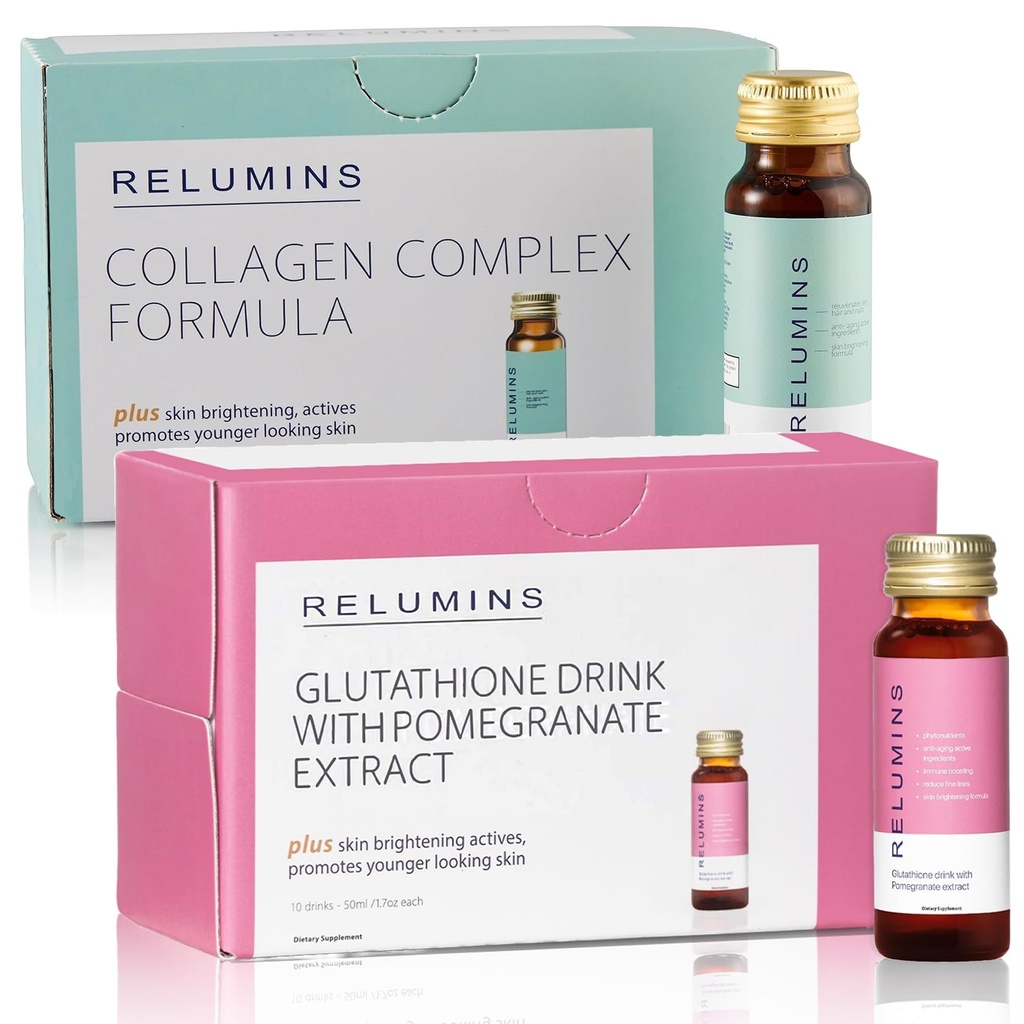 Relumins Advance Foryngende Collagen Beauty Drink - Apple Flavor & Beauty Glutathione Drink - Pomegranat Flavor Buddy 124; Forfriskning, Nutrient- Rich Formel for Radiant Skin & Wellness - 1 Box Hver