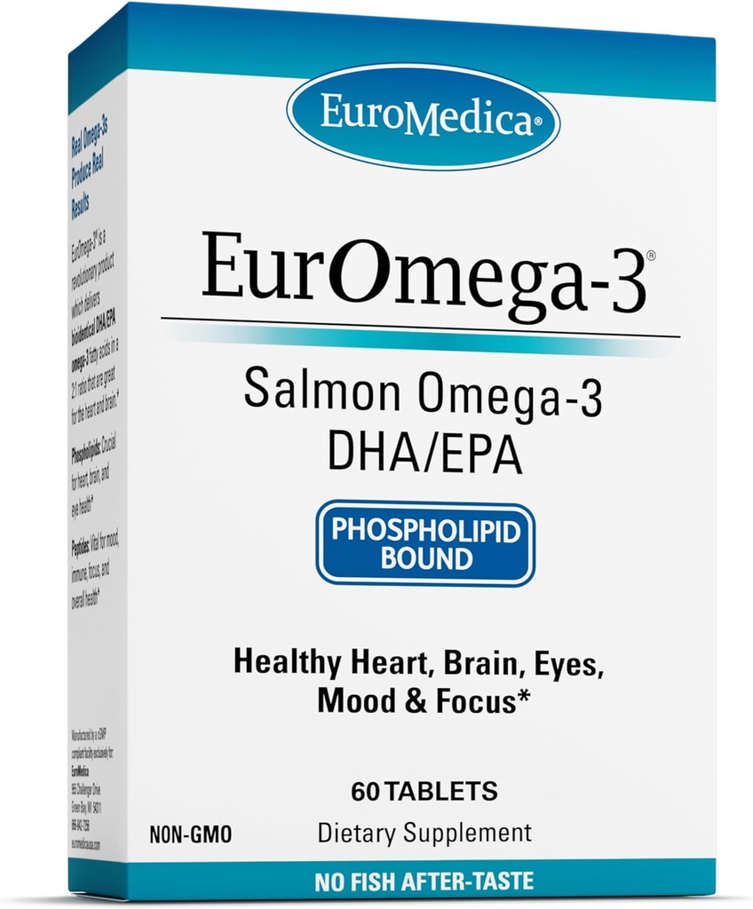 EuroMedica EurOmega-3 - Kosttilskud med EPA & DHA - Omega-3 tabletter til brain & Heart Health Support - Ernæringstilskud med essentielle fedtsyrer & peptider - 60 tabletter