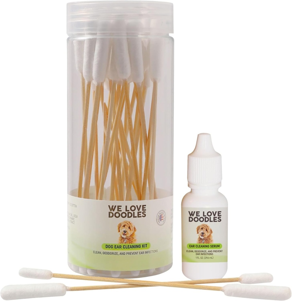 Vi elsker Doodles Hund Ear Cleaning Solution Kit # 124; Forhindre infektioner # 124; Naturlige # 124; Lavet i USA # 124; Øredråber til hunde # 124; Kløe, Deordoring, Gær & mites Infektion (Serum + 25 Swabs)