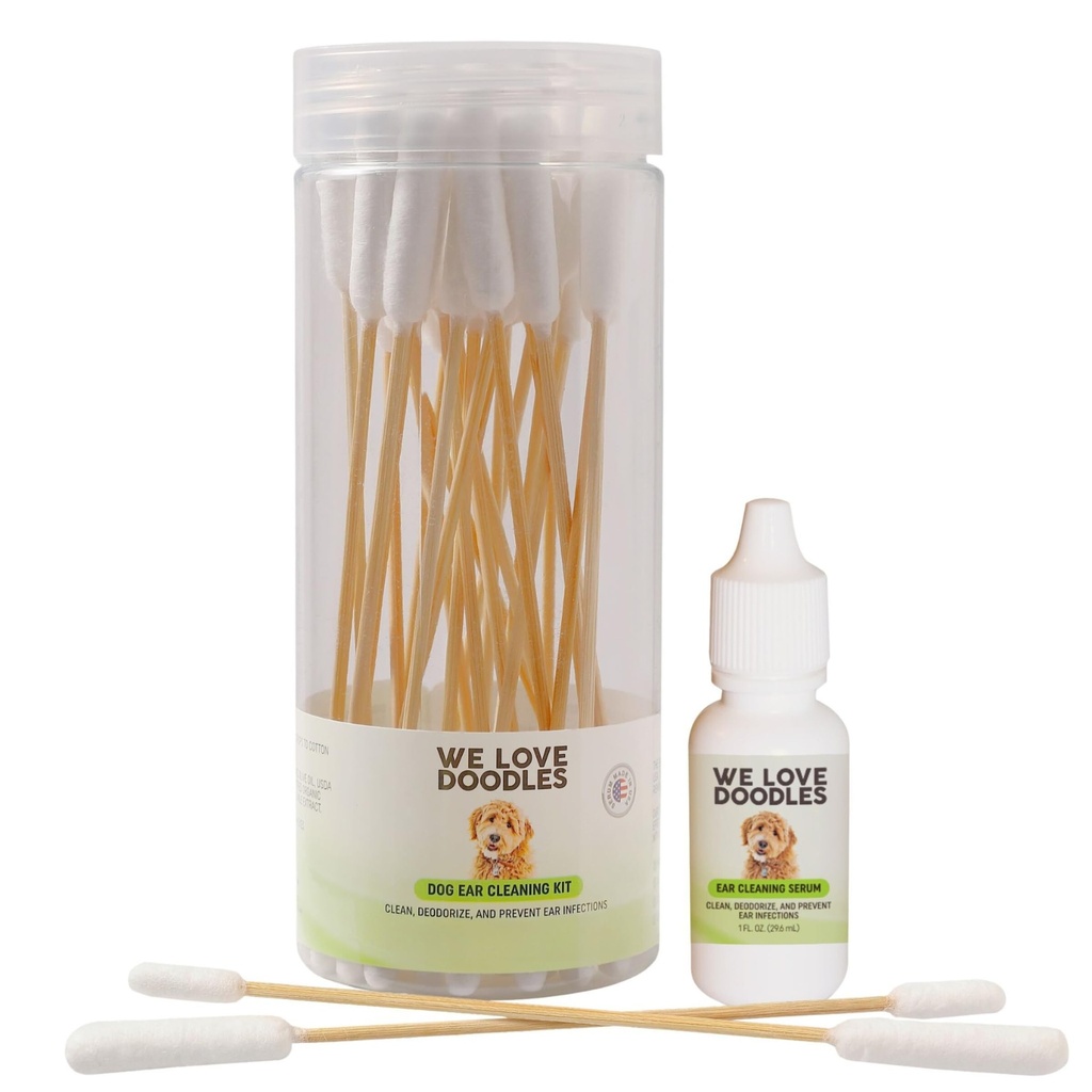 We Love Doodles Dog Ear Cleaning Solution Kit | Prevent Infections | Natural | Made in USA | Ear Drops for Dogs | Itching, Deordoring, Yeast & Mites Infection (Serum + 25 Swabs)