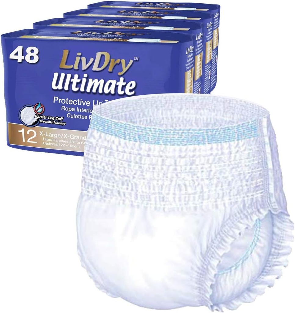 LivDry Ultimate XL Voksen Inkontinens Undertøj, Høj Absorption, Læbe Cuff Beskyttelse, X- Large, 48- Pack
