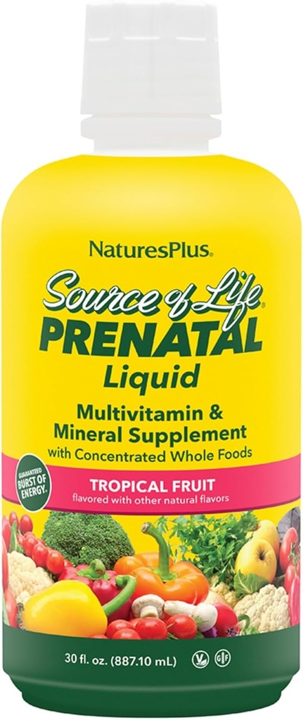 Natures Plus Kilde til liv Prenatal Væske, Tropiske Frugter - 30 fl oz - Multivitamin & Mineral supplement - Ernæringstilskud under graviditet - Gluten Free, Vegetar - 30 Servering