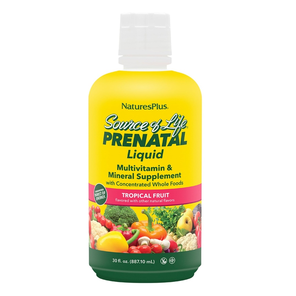Natures Plus Kilde til liv Prenatal Væske, Tropiske Frugter - 30 fl oz - Multivitamin & Mineral supplement - Ernæringstilskud under graviditet - Gluten Free, Vegetar - 30 Servering