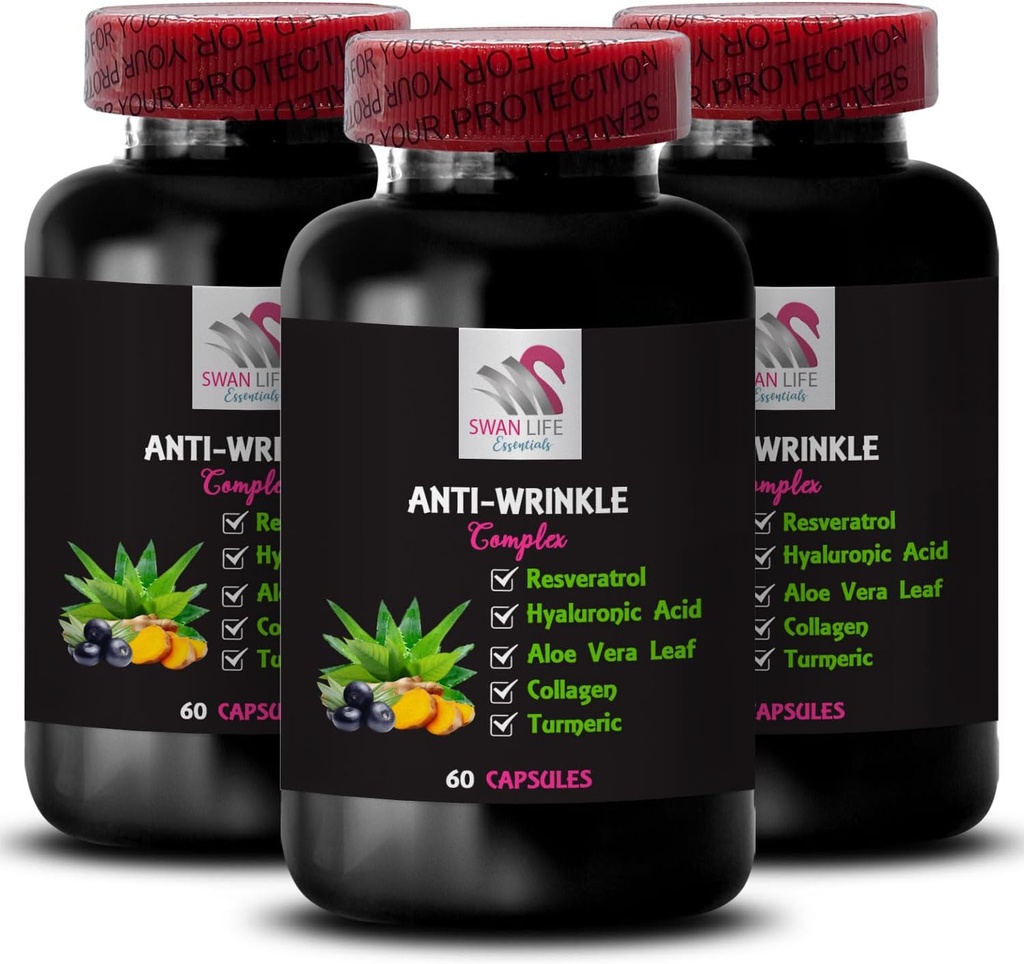 Alpha Lipoic Acid - Anti- Wrinkle Complex - L- Glutathione, Aloe Vera, Collagen Support, Green Coffee Bean, Lycopene, Gurkemeje, Grape Seed, Hydration Boost, Skin Firming, Glat Texture 3Bot 180Caps