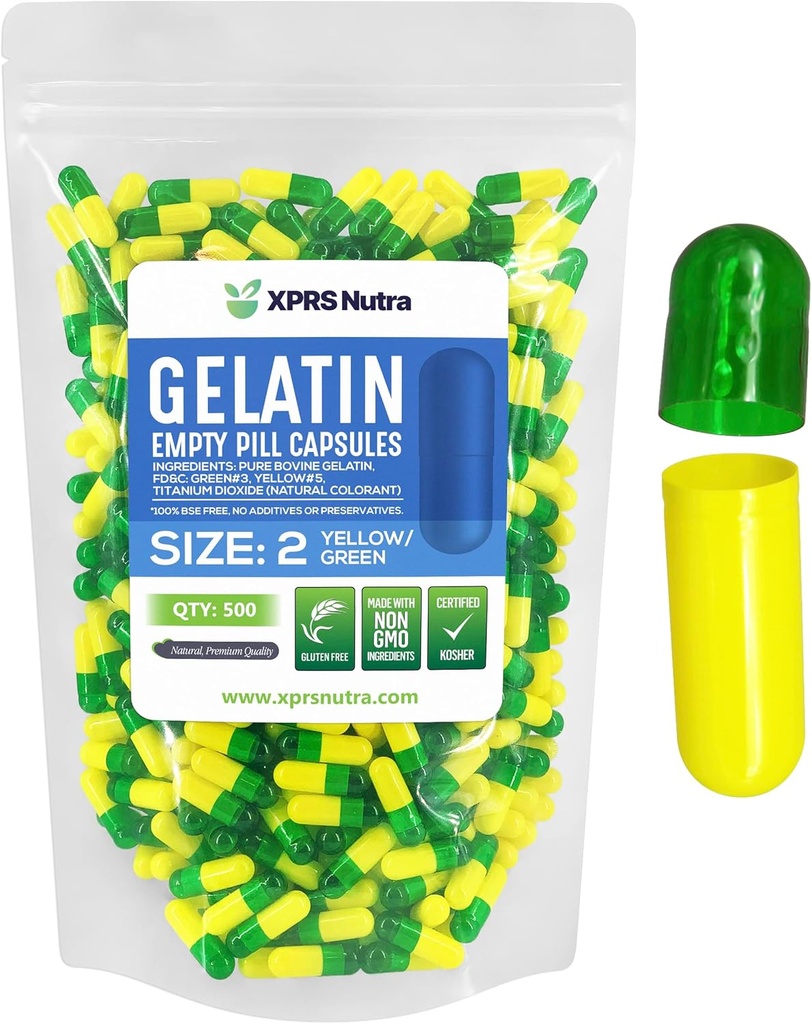 XPRS Nutra Størrelse 2 Tomme kapsler - 500 Tomme Gelatine kapsler - Piller gør det selv Capsule Filling - Pure Bovin Pill Gel Caps til Do- It- Yourself Kosttilskud (grøn / gul)
