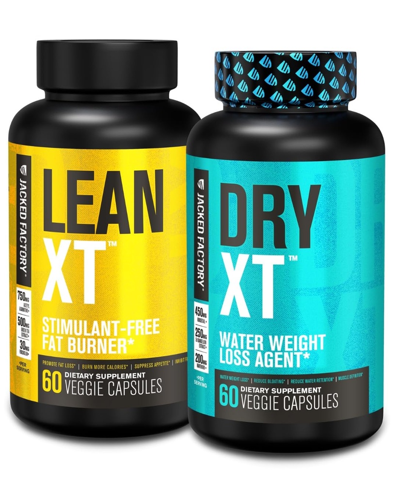 Jacked Factory Stim- Free Weight Loss Stack - Lean XT Stim- Free Fat Burner og Dry XT Water Pills for Bloating Reduction (30 dages forsyning)