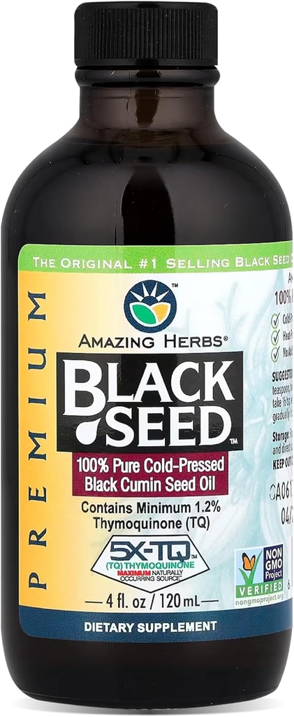 Amazing Herbs Premium Black Seed Oil - Cold Pressed Nigella Sativa aids i fordøjelsessygdomme, immunforsvar, hjernefunktion, fælles mobilitet, Gluten Free, Non GMO - 4 Fl Oz