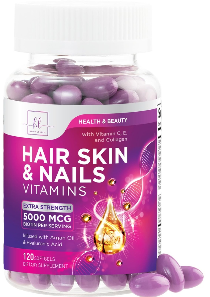 Hår, hud & negle Vitaminer for kvinder - Biotin 5000mcg til støtte hårvækst med Argan Oil, Collagen & Hyaluronsyre, smuk, stærkere hud, hår & negle Vitamin Supplement - 120 Softgels