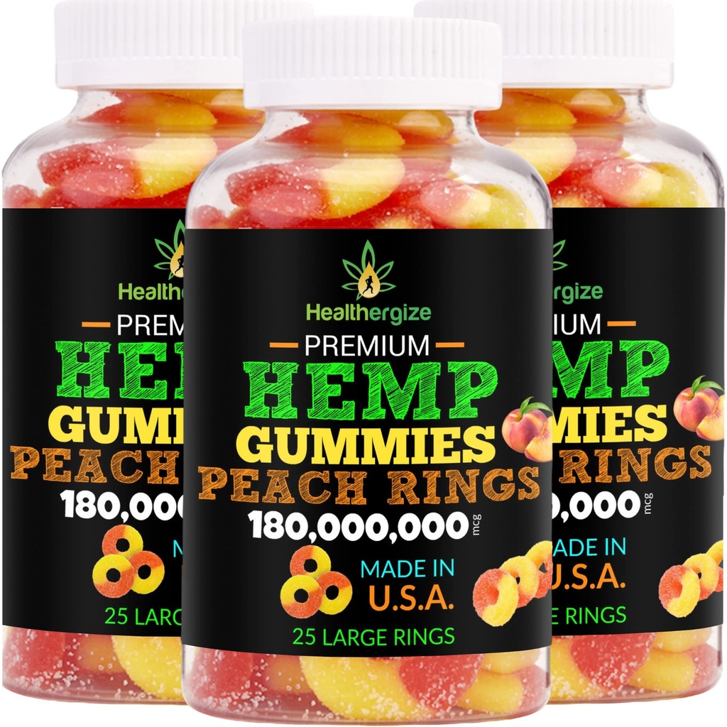 3PACK Hamp Gummies Premium HempOil Fresh Peach Rings Hamp Gummy- til søvn, rolig, slap af, chill- Natural edibles Party- Made in USA