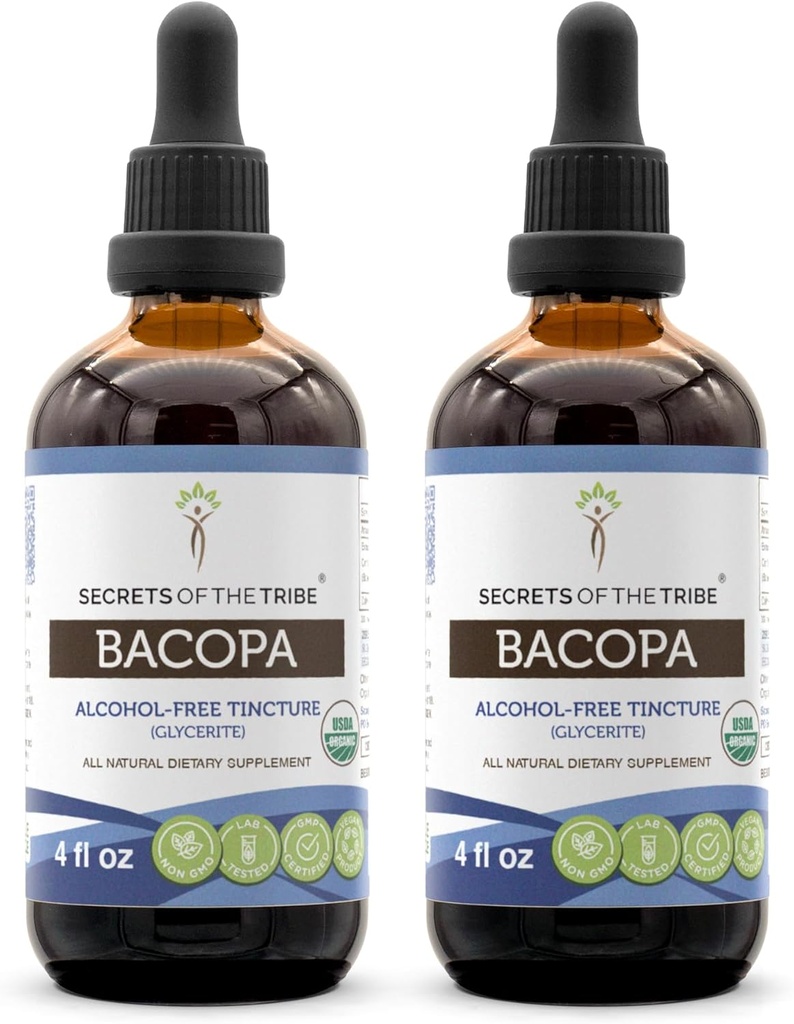 Secrets of the Tribe Bacopa USDA Organic Mezzogiorno 124; Alcohol- Free Extract, High- Potency Herbal Drops Mezzogiorno 124; Lavet af 100% Certified Organic Bacopa (Bacopa Monnieri) Tørret Herb 2x4 oz