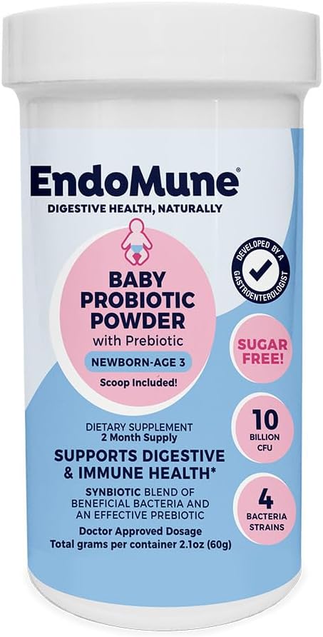 Endomune Jr Advanced Probiotic Powder for Newborns, Infants, Toddlers & Baby - 10 Millioner CFU 'er - 4 Strains Bacteria & FOS Prebiotic - Læge Formuleret - 60 dages forsyning