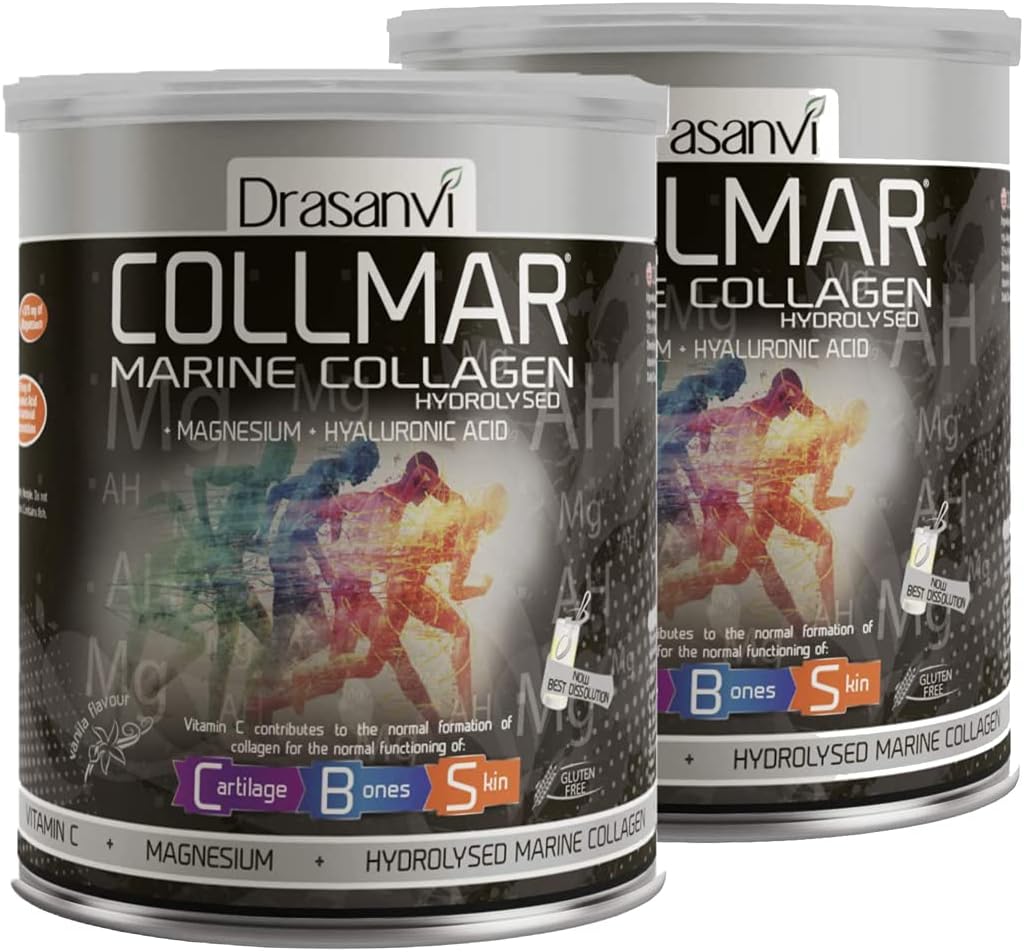 Drasanvi 2 Pack Collmar Hydrolyzed Marine Collagen med Magnesium Powder 300g Vanilla Flavor - Spansk Kosttilskud til en sund hudbrusk og knogler - Hjælper Minimize Træthed og Træthed