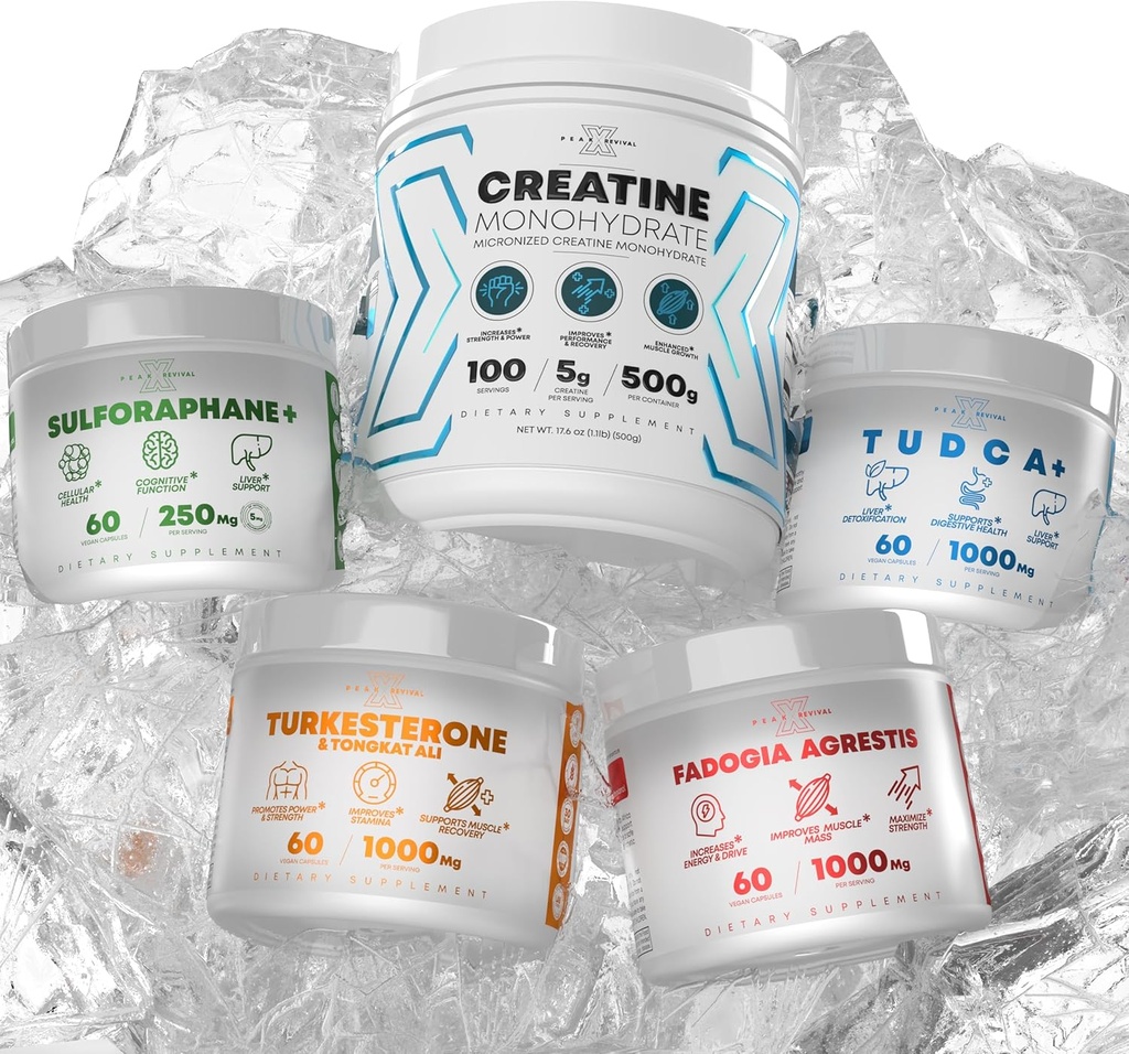 Bundle - Turkesteron & Tongkat Ali + Fadogia Agrestis + Creatin + Sulforaphane + TUDCA - Boost Stamina, muskelvækst, leversundhed, kognitiv funktion & Detox - Made in USA