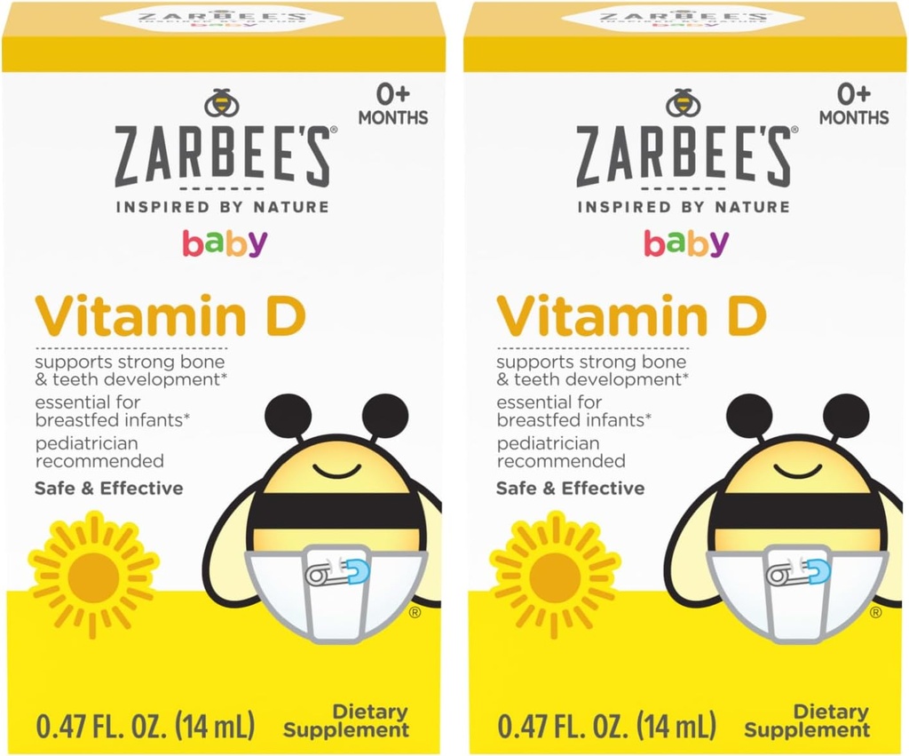 Zarbees D-vitamindråber til spædbørn, 400IE (10mcg) Baby & Toddler Liquid Supplement, Newborn & Up, Dropper Syringe inkluderet, pakke med 2 0,47 Fl Oz flasker