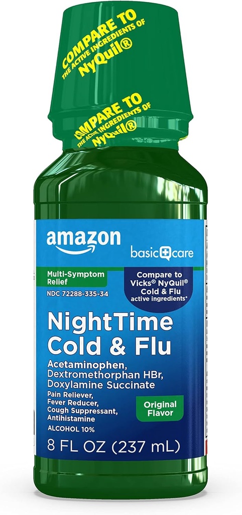 Basic Care Night Cold & Flu Relief, Pain Reliever, Feber Reducer, Host suppressant & Antihistamin Liquid, Original Flavor, 8 fl oz (Pack of 1)