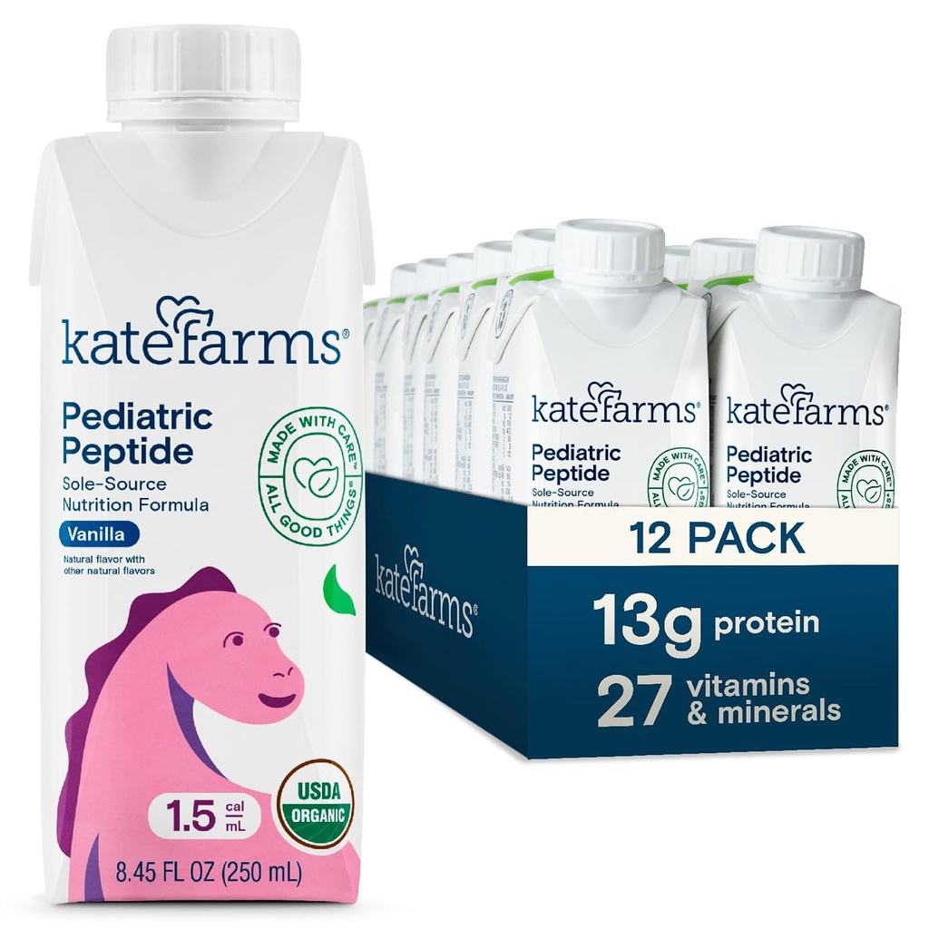 KATE FARMS Økologisk pædiatrisk peptid 1.5 Formel, vanille, Sole- Source Hydrolyseret Plantbaseret Nutrition til Oral eller Tube Fodring, 8, 45 oz (12 pack)