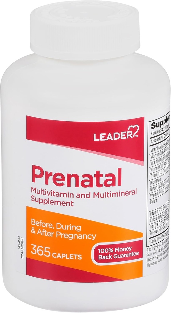 LEADER Prenatal Multivitamin with 800mcg Folic Acid & Essential Nutrients for Healthy Pregnancy & Fetal Development, DHA, High Potency Vitamin for Expecting Moms, Daily Support, 365 Caplets
