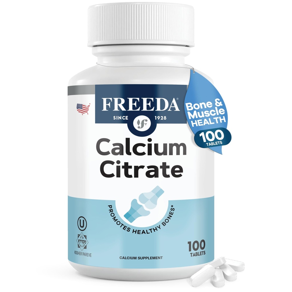 Freeda Calcium Citrate - Kosher Vegan Bone Strength Supplement - Understøtter Knogletæthed & Muskelfunktion - Calcium 1000mg per servering - Ingen tilsat D-vitamin - (100 tabletter)