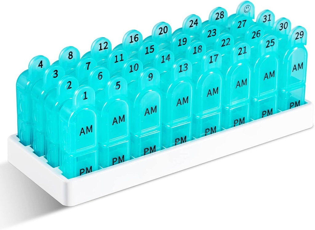Daviky Monthly Pill Organizer 2 gange om dagen, 30 dag Pill Box AM PM med separat Container, One Monthly Medicine Case To gange om dagen til at holde vitaminer, kosttilskud og medicin (Cyan)