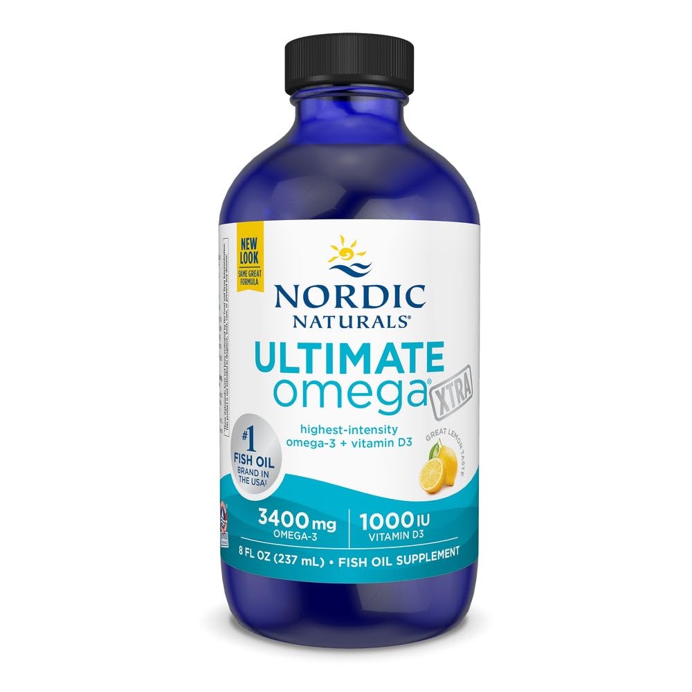 Nordic Naturals Ultimate Omega Xtra Liquid, Lemon Flavor - 8 oz - 3400 mg Omega-3 + 1000 IE D3- vitamin - EPA & DHA - hjerne, hjerte, fælles, og immunsundhed - ikke-GMO - 48 Serveringer