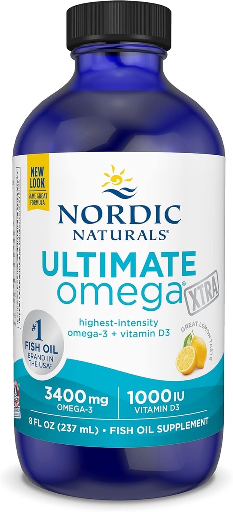 Nordic Naturals Ultimate Omega Xtra Liquid, Lemon Flavor - 8 oz - 3400 mg Omega-3 + 1000 IE D3- vitamin - EPA & DHA - hjerne, hjerte, fælles, og immunsundhed - ikke-GMO - 48 Serveringer