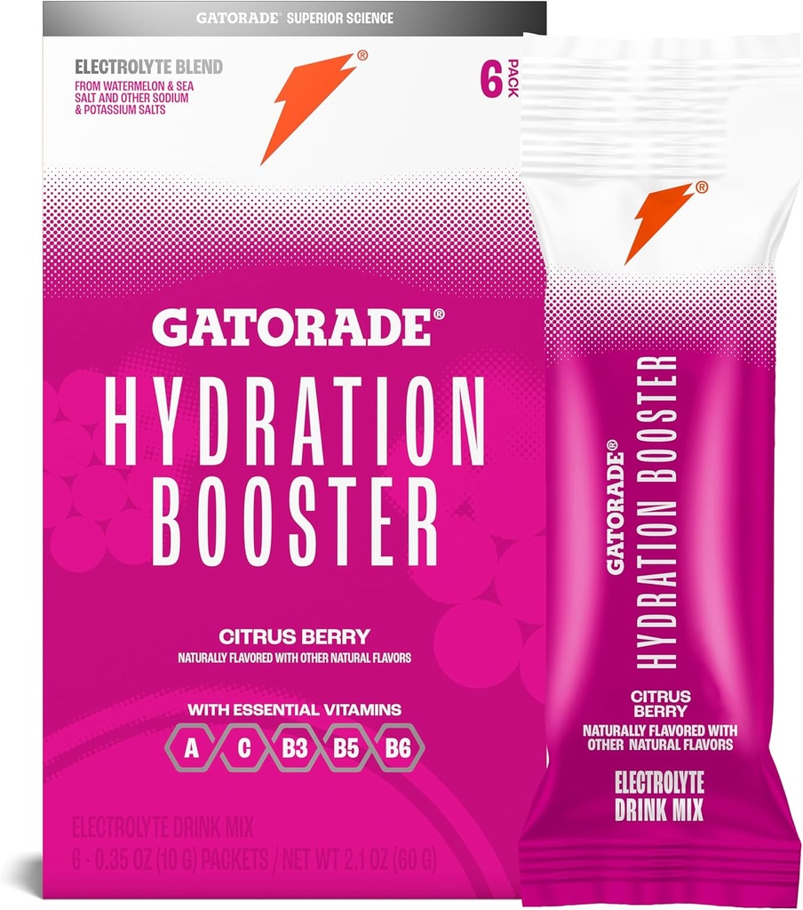 Gatorade Hydration Booster Electrolyte Drink Mix Powder Pacets, Citrus Berry, Advanced Electrolyte Blend, Ingen tilsat farver, Ingen kunstige sødestoffer, Essential Vitaminer A, C, B3, B5, B6, gør 20 Fl Oz, (6 Pack)