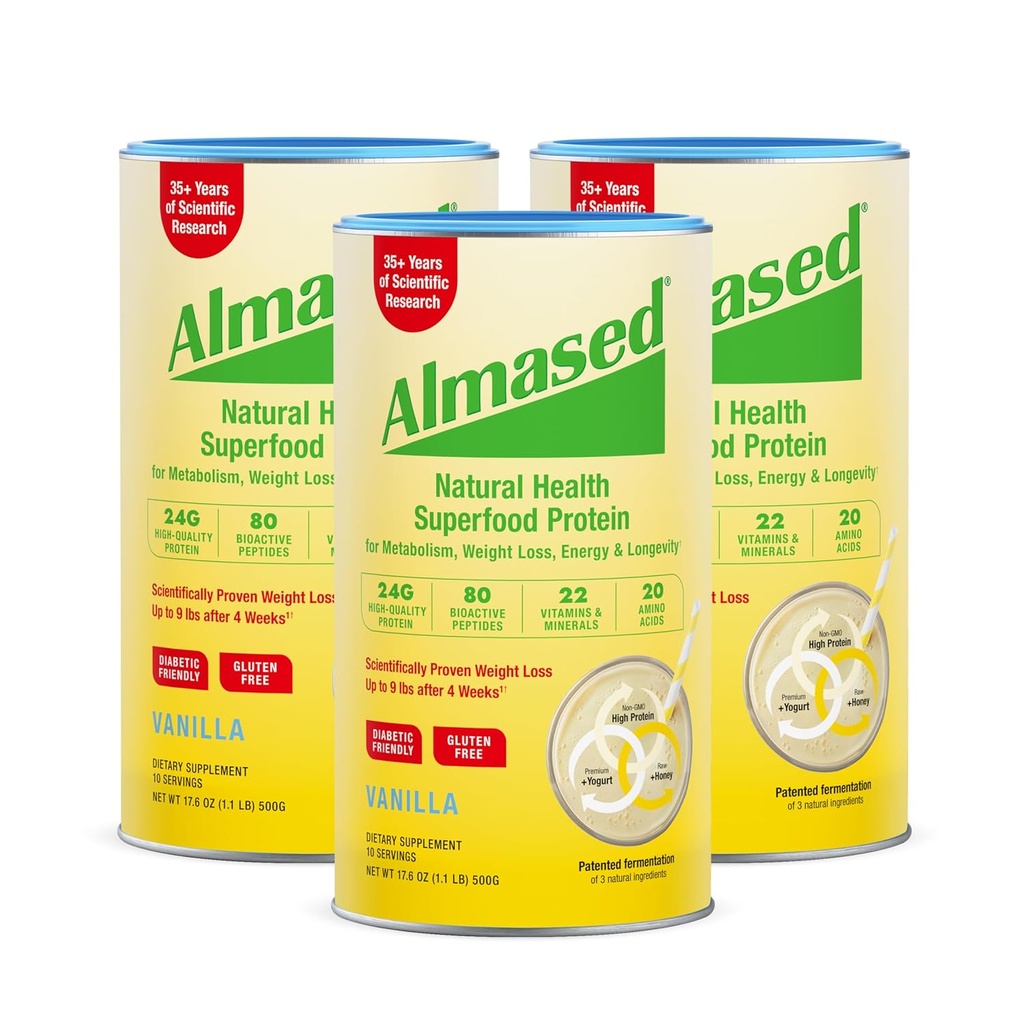 Almased Vanilla Meal Erstatning Shake - Low- Glycemic High Plant Base Protein Powder- Nutritional Weight Health Support Supplement - Vanilla Flavor - 17,6 oz (1,1 Pund (3 Pack))