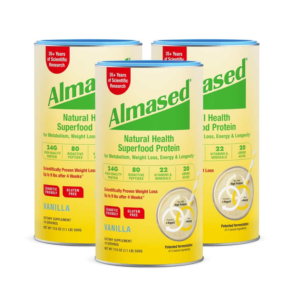 Almased Vanilla Meal Erstatning Shake - Low- Glycemic High Plant Base Protein Powder- Nutritional Weight Health Support Supplement - Vanilla Flavor - 17,6 oz (1,1 Pund (3 Pack))